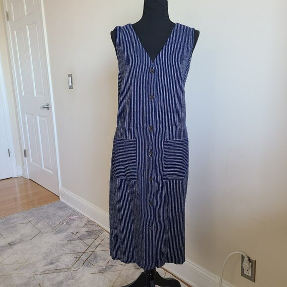 Old Navy Linen Blend Striped Button Front Midi Dress  XL Pockets Cottagecore - Picture 1 of 9
